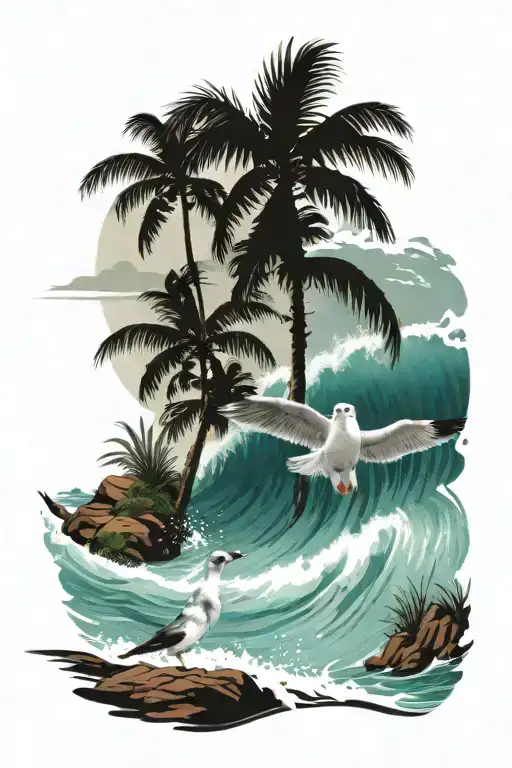 Seagull On Wave With Palms Tree
