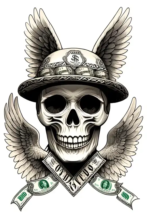 For A Mexican Style Tattoo With A Skull With Dollars In The Eyes With Two Angel On Each Side Which C