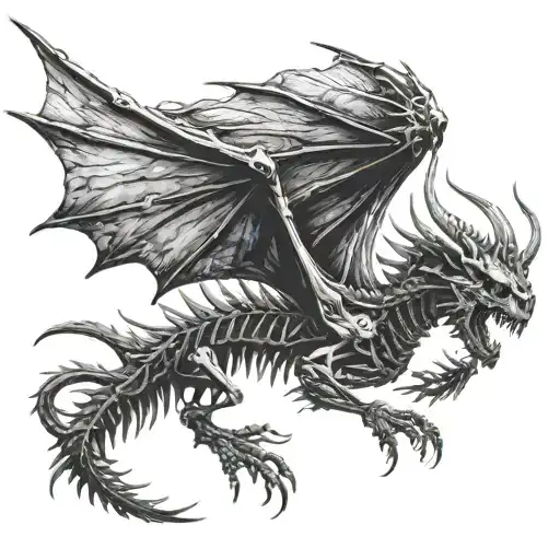 A Black Skeleton Dragon Flying Straight Upward With Wings Spread