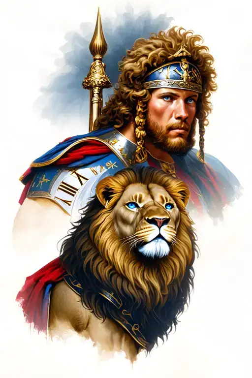 Lion And Roman Soldier With Roman Numerals With Blue Eyes