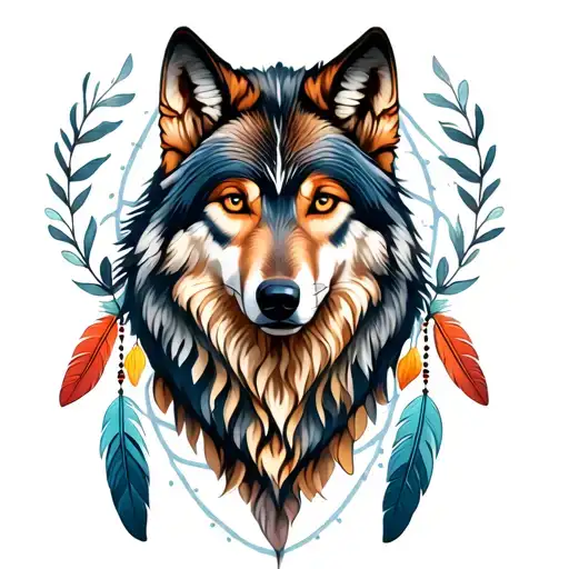 Alpha Female Wolf In Dream Catcher With Feathers