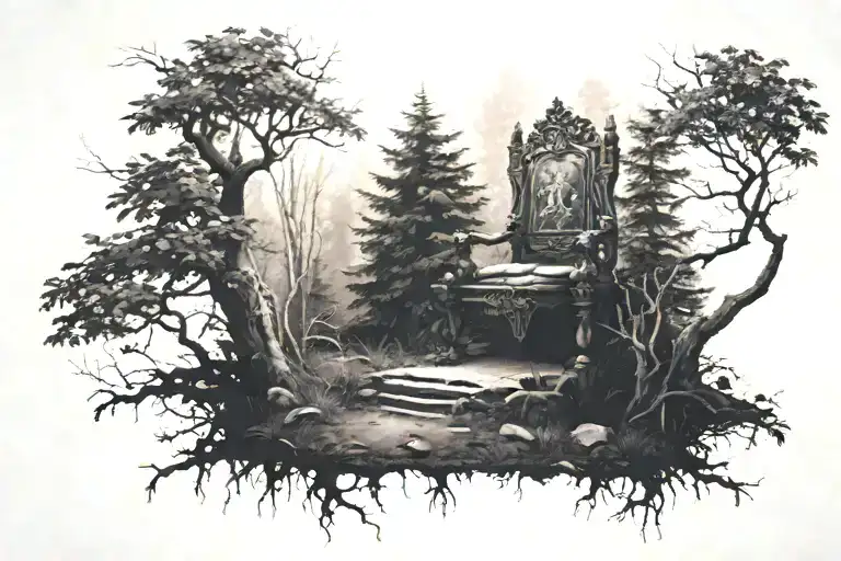 Empty Throne In Forest Scene With A Hidden