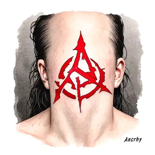 Small Tattoo On The Neck In The Form Of A Red Symbol Anarchy