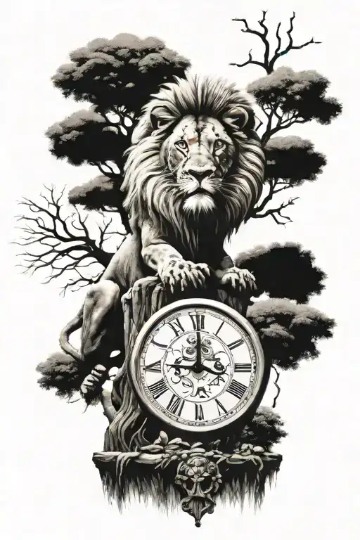 Tree Lion And Wall Clock With Roman Numerals