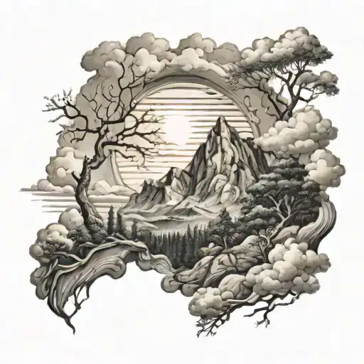 A Mountain With Clouds And Sun And Oak Trees