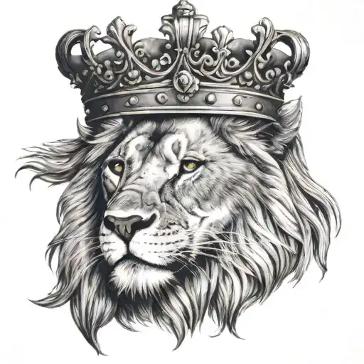 Majestic Lion Head With Crown And A Cross Below Realistic Black And Gray