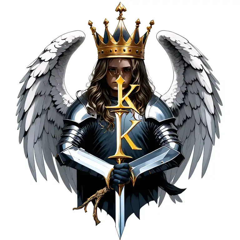 Spreading Angel Wings And A Knight Holding Long Blade And Wearing Crown And K Letter In The Crown