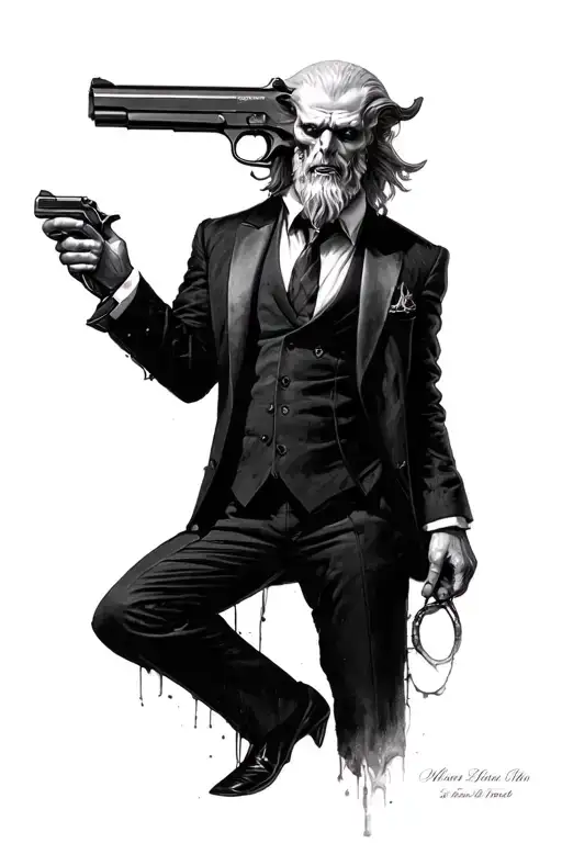 Lucifer In A Suit With A 1911 Colt Pistol Hand Gun
