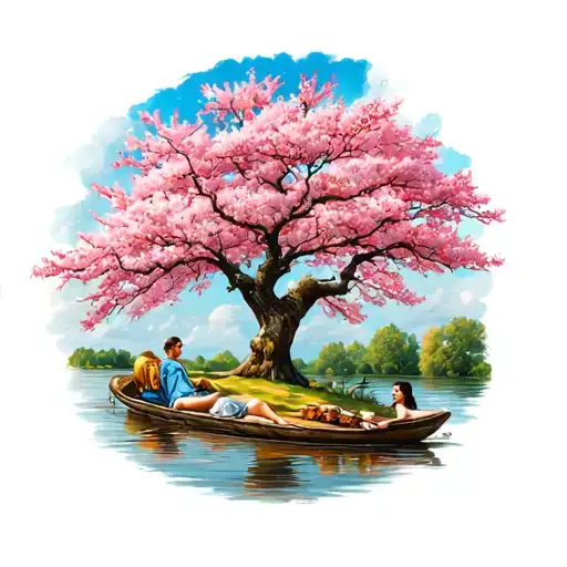 Cherry Tree At A River With Stuff From A Afternoon Trip Of Friends Laying Around