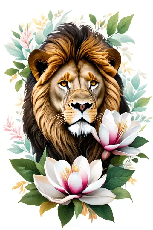 Lion And Magnolia Flowers