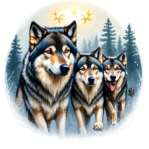 Family Of Four Wolves Being Guided Through Forest By 3 Bright Stars