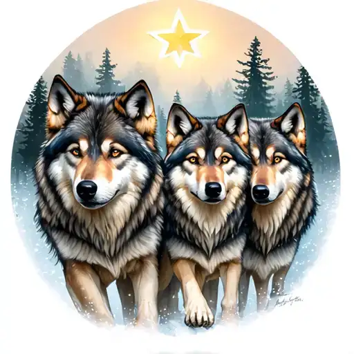 Family Of Four Wolves Being Guided Through Forest By 3 Bright Stars