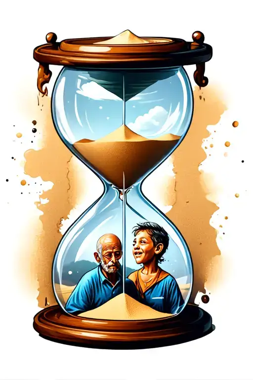 A Hour Glass With Sand And A Kid In The Top And A Old Man In The Bottom