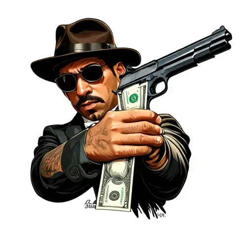 Gangster Man Holding Cash And Gun