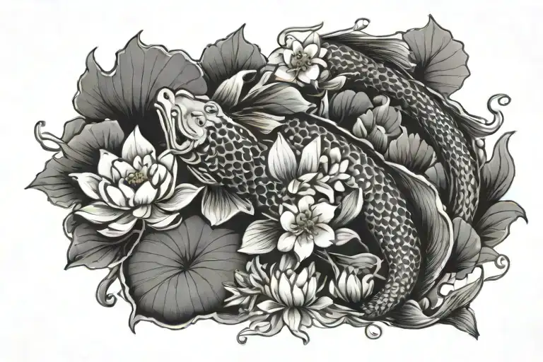 Dragon Koi Fish Lotus Flower