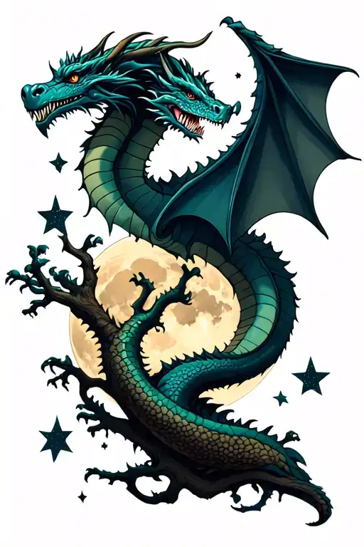 A Dragon Wrapped Around A Tree Under The Moon And Stars