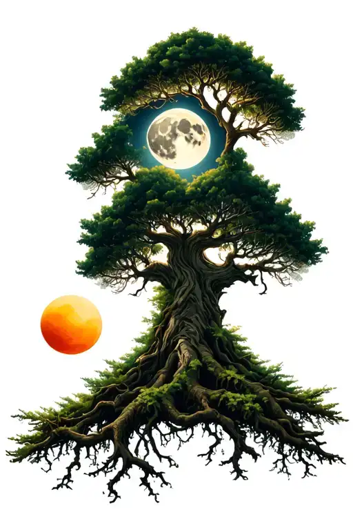 Tree With A Moon And Sun Benhind The Branchs Overgrown