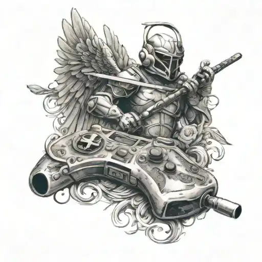 A Guardian Angel Holding A Lacrosse Stick And A Game Controller