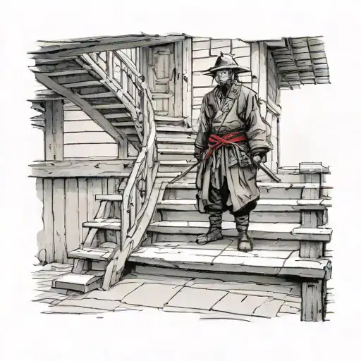 Draw A Samurai Ronin Standing At The Base Of A Long Old Wooden Staircase