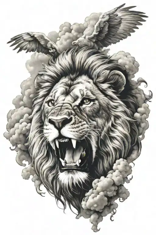 Lion Roaring And Cross With Clouds Surrounding