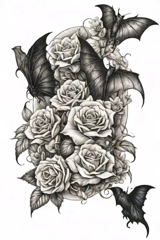 Back Tattoo Of Realistic Flowers In The Middle And Bat Wings On Shoulders