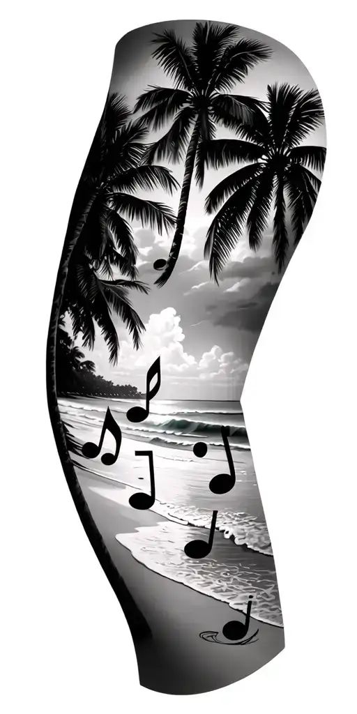 Beach Landscape With A Dull With Coconut Trees And Black And White Musical Notes
