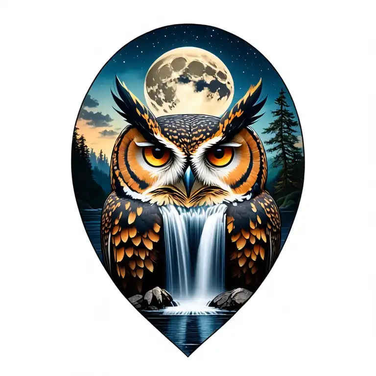 Help Me To Create A Tattoo Of A Half -Face Owl With A Waterfall And The Background Moon