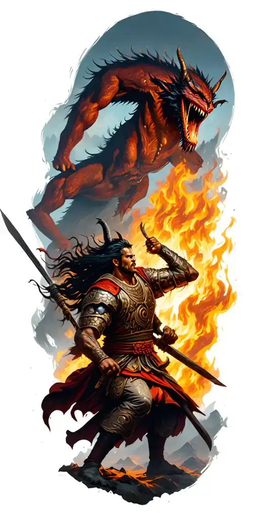 Samuri Warrior Battling A Demon With A Valley On Fire In The Background