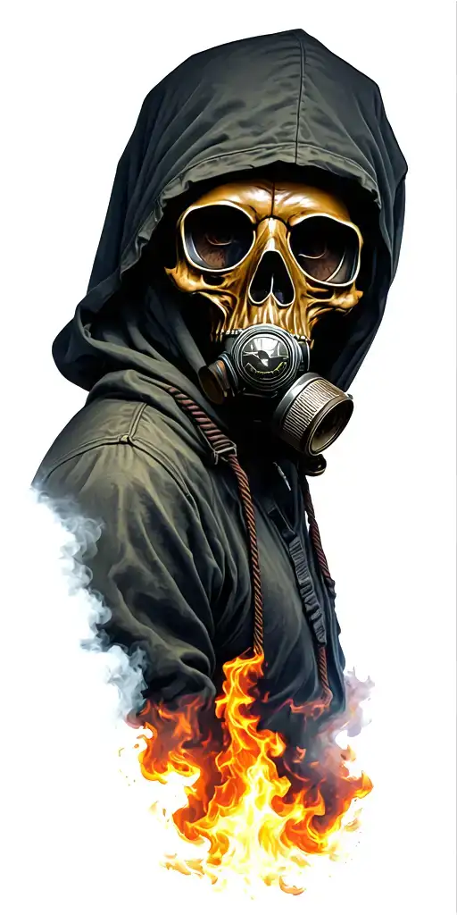 Skull Wearing A Hood And Gas Mask With A Firey Smoky Vally In Background