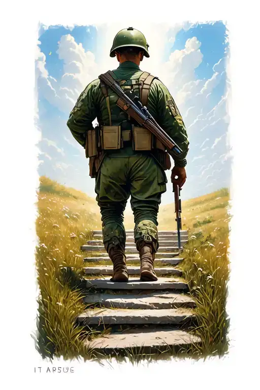 A Soldier In A Field Heading Towards A Staircase Leading To Heaven