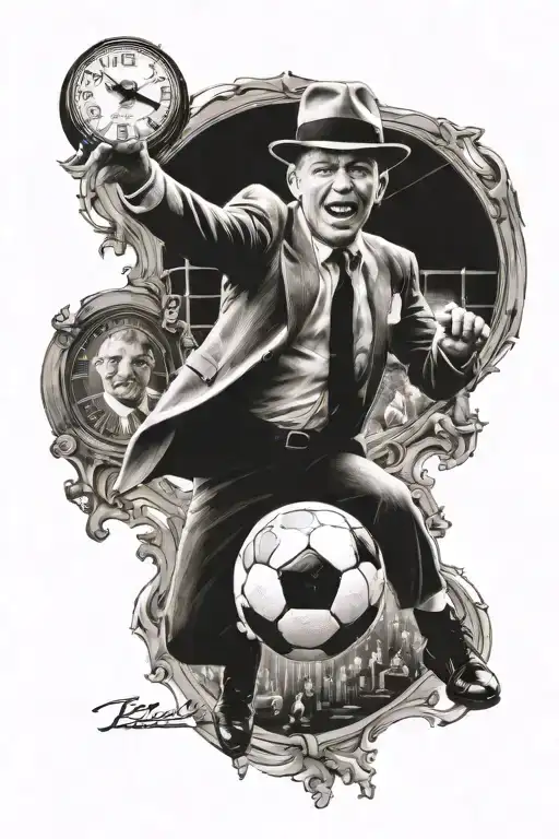 Portrait Of Frank Sinatra Playing Soccer With A Clock In The Background