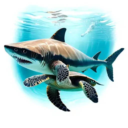 Shark And Sea Turtle Swimming Underwater