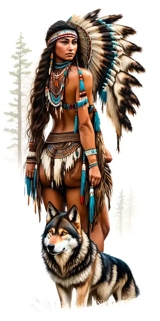 American Indian Woman With Wolves In A Forest