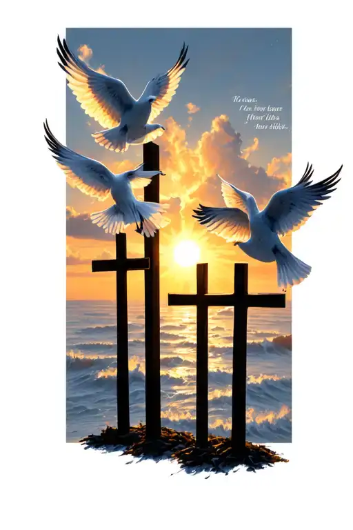 Three Crosses With A Bible Verse And 4 Doves Flying Twords A Setting Sun