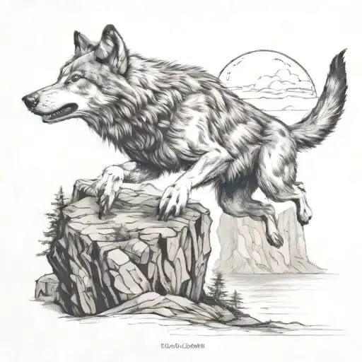 Wolf Jumping Off A Cliff To Catch An Eagle