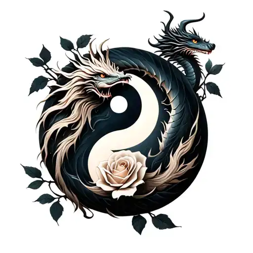 Yin Yang Symbol With A Dragon And A Rose
