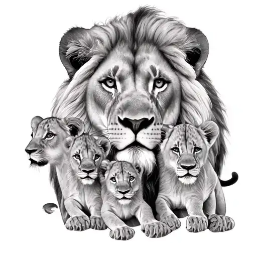 King Lion With 3 Cubs