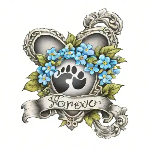 A Paw Print Surrounded By A Wreath Of Forgetmenots With The Phrase Forever And Always At The Bottom
