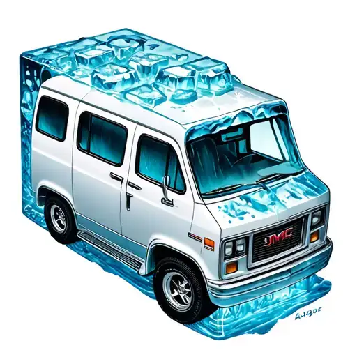 A Tattoo Design Of An Icecube With A White Gmc Safari Van Inside Of It
