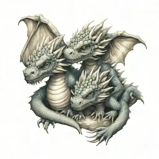 Twin Baby Dragons Protected By Big Dragon Wrapped