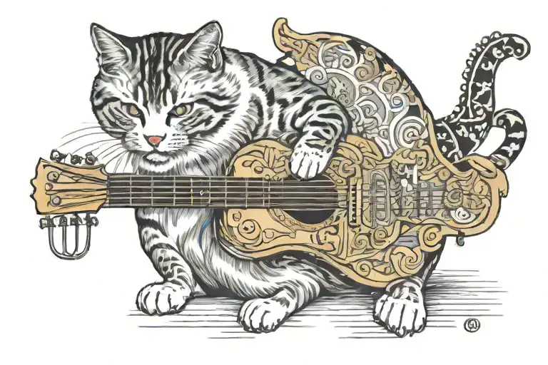 A Cat Playing With A Typical Okinawa Guitar