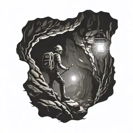 A Silhouette Of A Spelunker Exploring A Dark Cave With A Headlamp