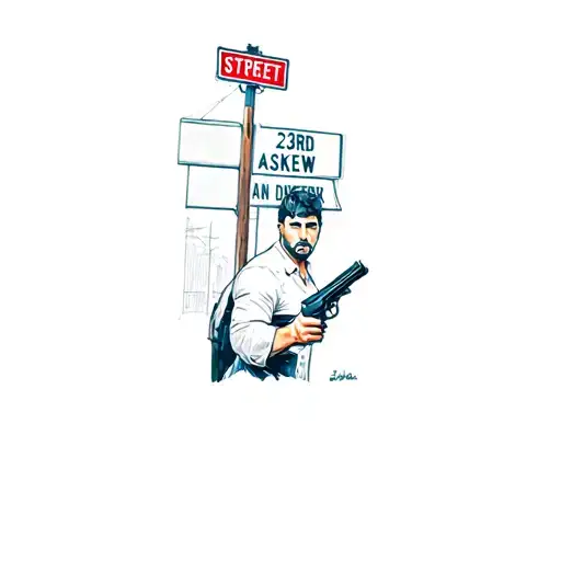 A Man Holding A Gun With A 23Rd And Askew Street Sign In The Back