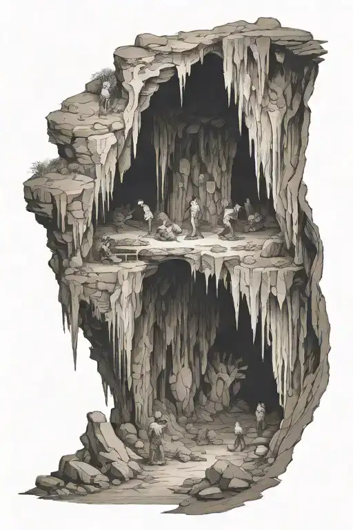 Spelunking In A Dark Natural Cave Filled With Stalagtites And Stalagtites