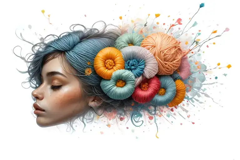 Female Face With Yarn Exploding From Head With Flowers Surrounding