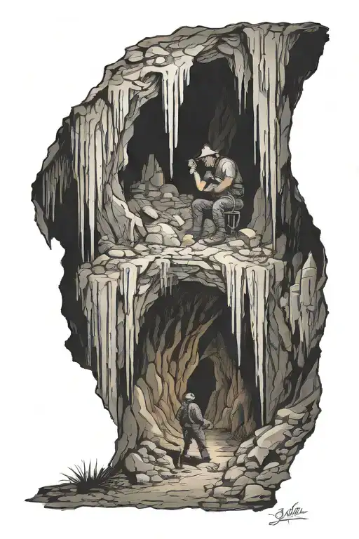 A Sillouete Of A Man Spelunking In A Dark Natural Cave Filled With Stalagtites And Stalagtites