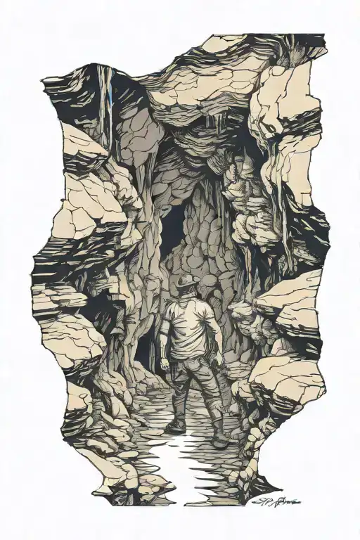 A Sillouete Of A Man Spelunking In A Dark Natural Cave Filled With Stalagtites And Stalagtites