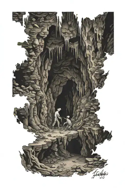 A Sillouete Of A Man Spelunking In A Dark Natural Cave Filled With Stalagtites And Stalagtites