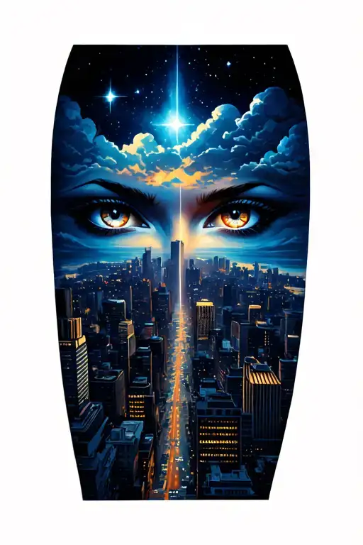 Large City With A Pair Of Eyes On The Side And Clouds And Stars