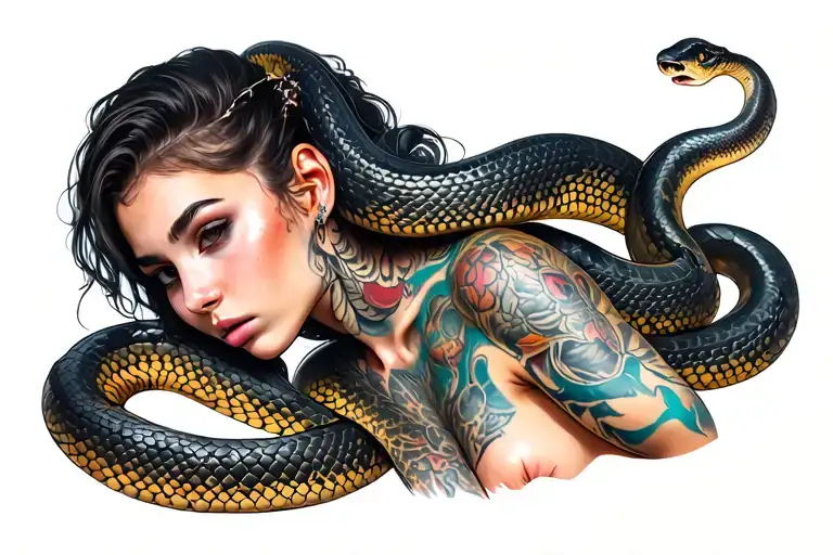 Tatted Up Girl With A Snake Around Her Shoulder